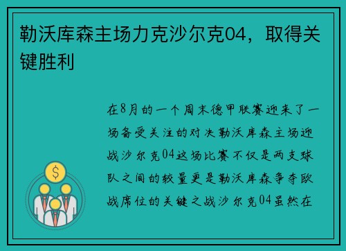 勒沃库森主场力克沙尔克04，取得关键胜利